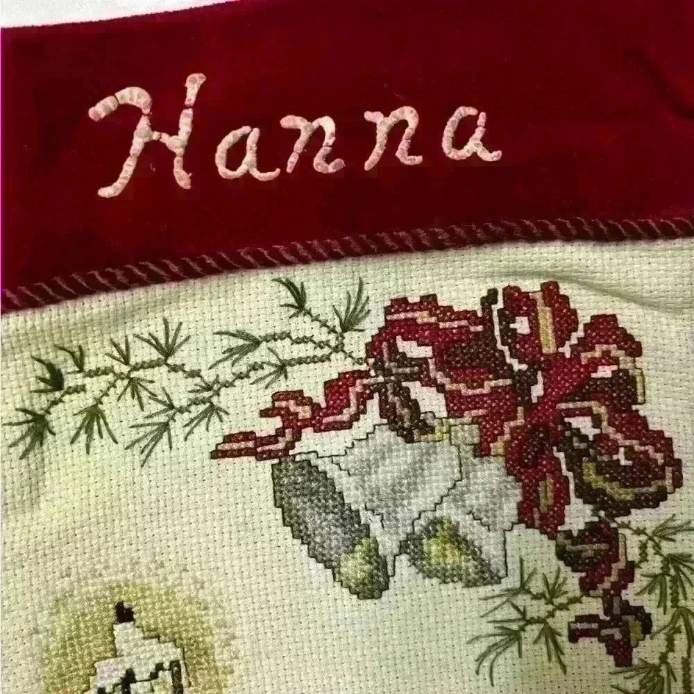 Vintage Christmas Cross Stitch 1994 Carolers Stocking with name Hanna on it